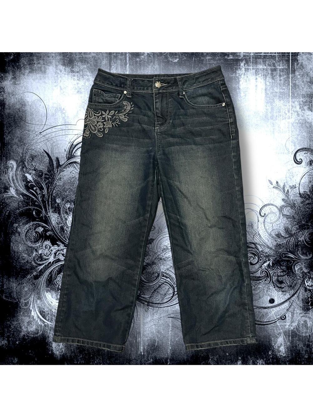 Dark wash denim with intricate floral embroidery